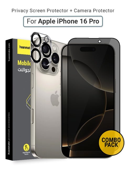 2 in 1 Apple iPhone 16 Pro Protection Pack - Anti-Peeping Privacy Glass Screen Protector & Camera Lens Protector, Premium Edge-to-Edge, High Transparency, Anti-Explosion, Easy Installation