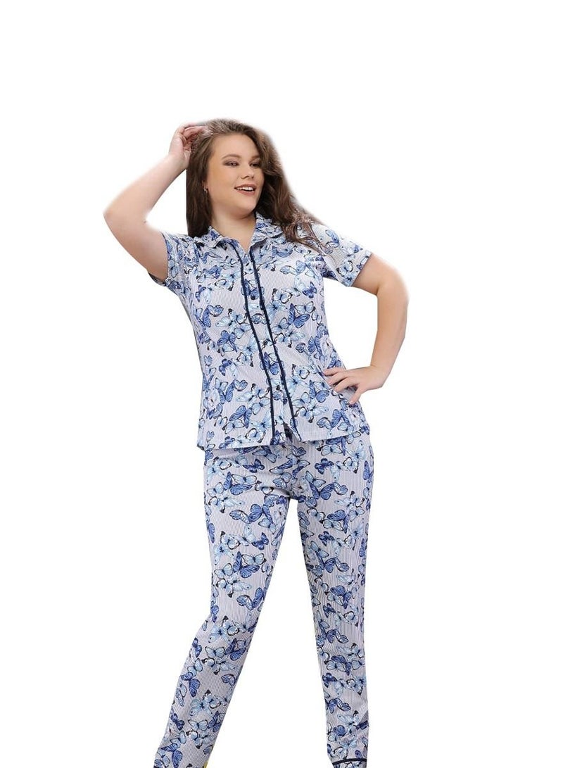جنة بيجامة نسائية بزراير بأكمام قصيره وبنطلون طويل صيفيه مصنوعه من القطن مقاسات كبيره