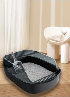 Generic Semi-Enclosed Sifting Litter Box High Sides Cat Litter Box Anti-Splash with Spoon Clean Cat Pet Tray Kitten Open Top Litter Tray Travel Cat Toilet Cat Litter Pan(Black)  - Image 1