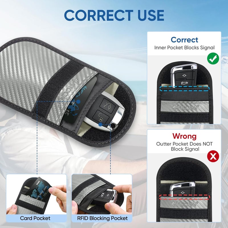 تيكون حقيبة فاراداي 2PK لمفتاح السيارة، 3.5 × 5.0 بوصة حماية قفص فاراداي، حجب إشارات RFID للسيارة، حقيبة مضادة للسرقة وعلبة مضادة للاختراق (رمادي، M) - Image 4