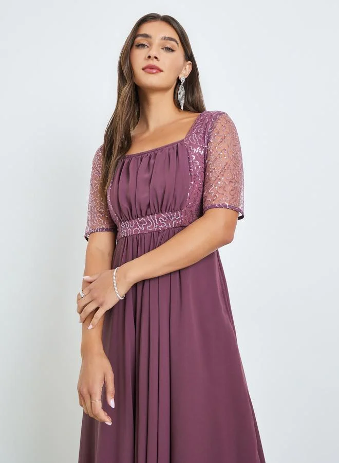 Styli Purple Sequined Maxi Dress with Fold Pleats