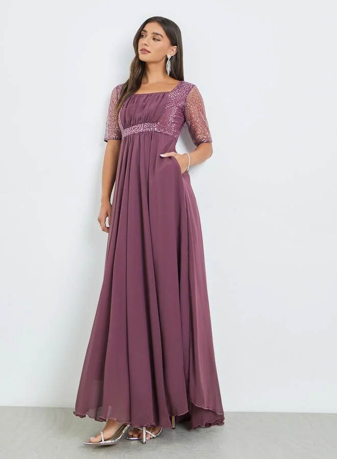 Styli Purple Sequined Maxi Dress with Fold Pleats