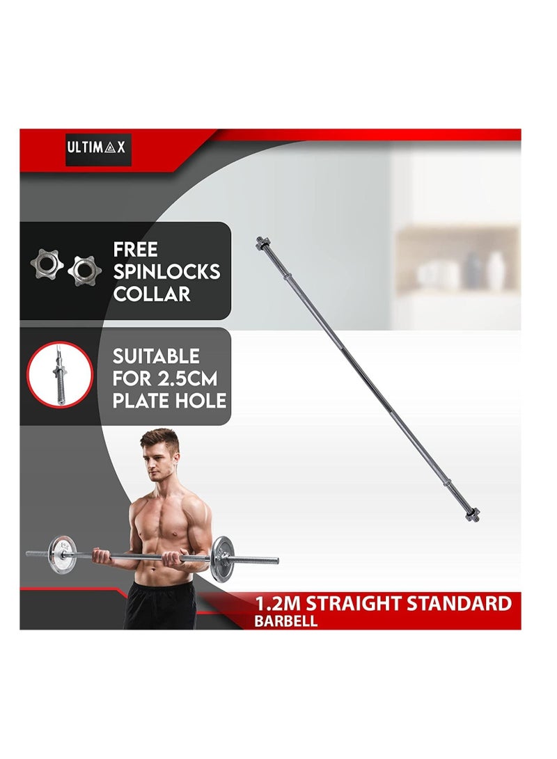 ULTIMAX Barbell Weight Bar Straight Weight Lifiting Bar Straight Threaded Bar 1 inch Diameter Solid Steel Bar with Spinlock Nuts 120 cm - Image 2