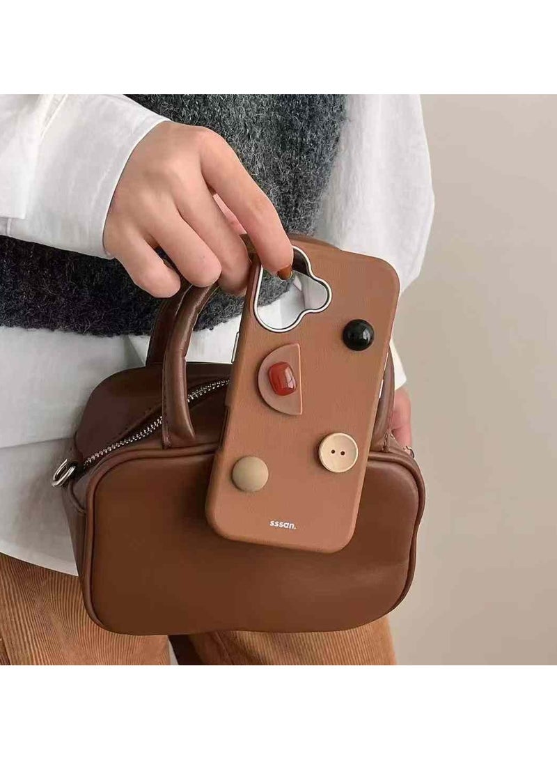 Genric Protective Case Faux Leather With Decorative Buttons For iPhone15 Pro Max – Brown - Image 5
