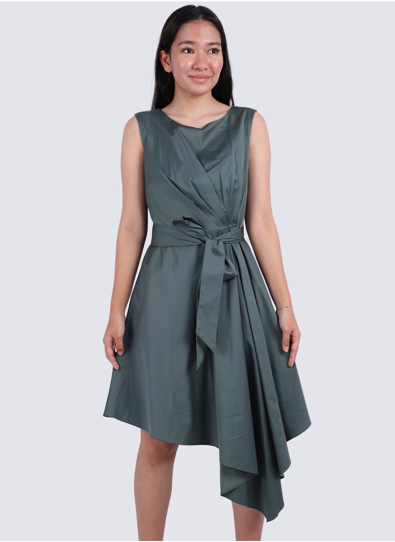 VERO MODA - Women's Silk Midi Waist Band Dress in Balsam Green - Image 1