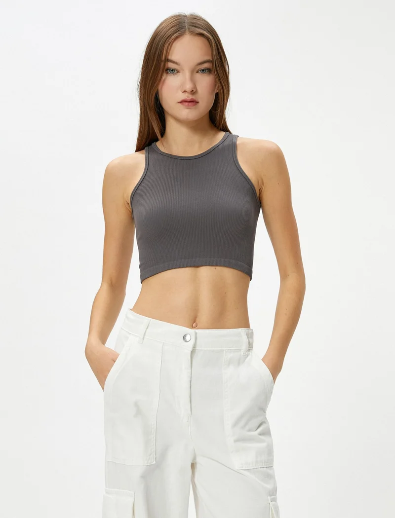 كوتون Basic Crop Undershirt Round Neck Ribbed