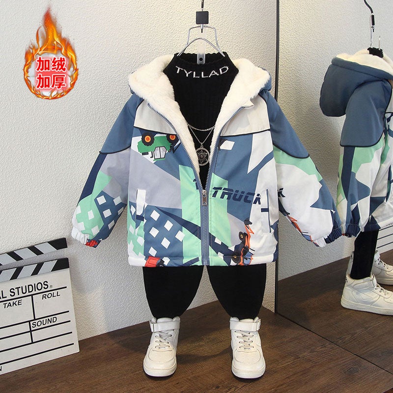 Children'S Wear Boys Winter Wear Fleece-Lined Thickened Cotton Coat Boys And Children Winter Leisure Pie Overcome - Image 1