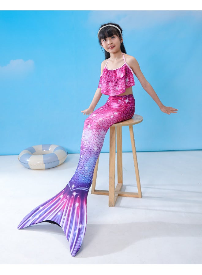 إسكدنيا ملابس سباحة حورية البحر للأطفال، مجموعة من ثلاث قطع، ذيل السمكة، مقاس كبير ومتوسط ​​وصغير للفتيات، ملابس بي - اللون: كركديه (ذيل قصير) - - Image 1