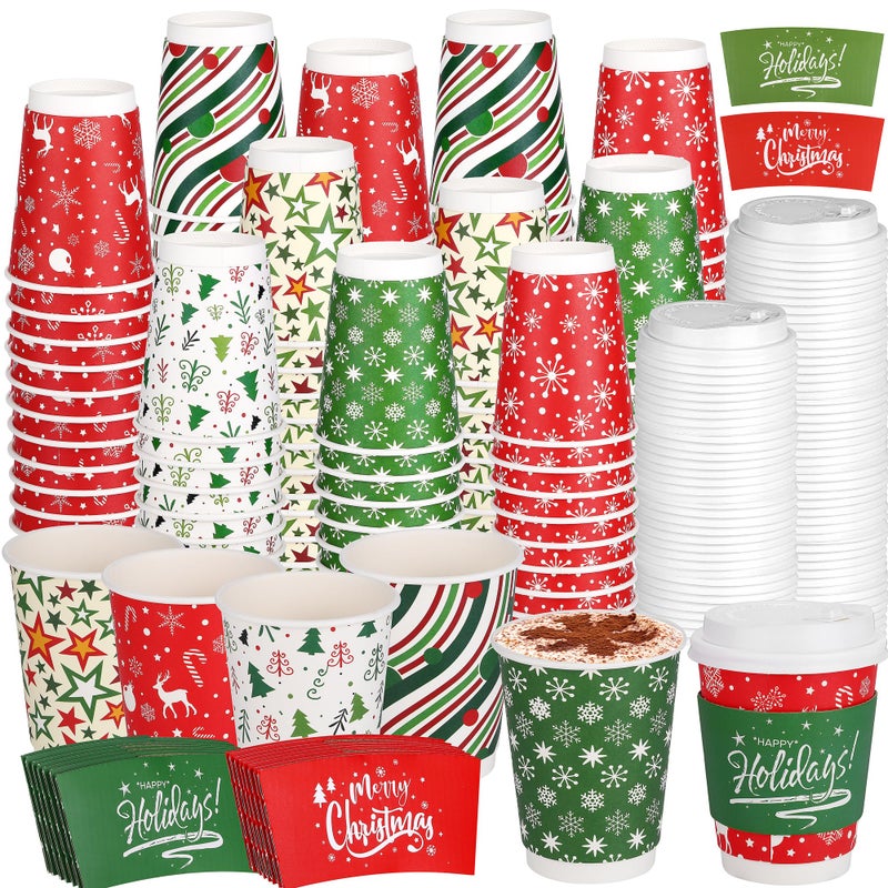 Kochorie100 Set 12 oz Christmas Disposable Coffee Cups with Dome Lids Sleeves Christmas Disposable Paper Extra Thick Insulated Cup for Hot Cold Drinks Xmas Hot Chocolate Party Supplies Classic Style