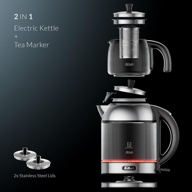 Feller Germany TS289 2-in-1 Tea Maker, 2L German Schott Glass Kettle + 1L Teapot, 2200W Strix Control, Keep Warm, BPA Free, Stainless Steel Filter (Stainless Steel) - 2Y Guarantee-KSA Version - Image 4