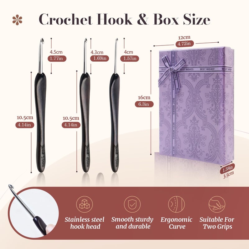 Yarniss Artisan Stainless Steel Crochet Hooks Set 3.0mm,4.0mm,5.0mm,Hand-Polished Crochet Needle with Ebony Handle for Beginners,Gift for Crocheter - Image 2