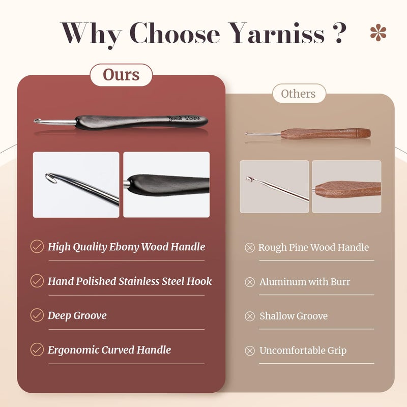 Yarniss Artisan Stainless Steel Crochet Hooks Set 3.0mm,4.0mm,5.0mm,Hand-Polished Crochet Needle with Ebony Handle for Beginners,Gift for Crocheter - Image 4