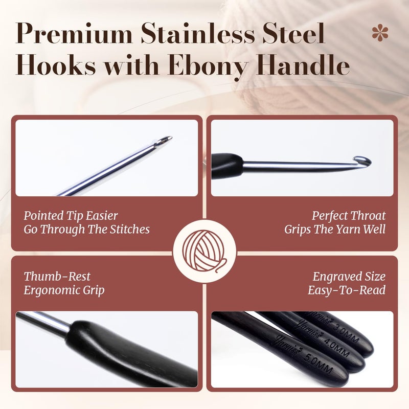 Yarniss Artisan Stainless Steel Crochet Hooks Set 3.0mm,4.0mm,5.0mm,Hand-Polished Crochet Needle with Ebony Handle for Beginners,Gift for Crocheter - Image 3