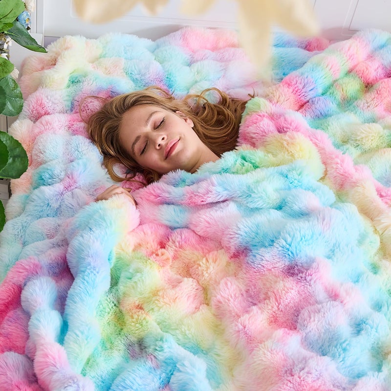 Lotus Karen Lotus Karen King Size Faux Fur Blanket Rainbow - Big Bubble Rabbit Fluff Blanket for Bed  Large Fluffy Fuzzy Cozy Blanket  Thick Furry Plush Shaggy Blankets  108x90 Inches  - Image 2