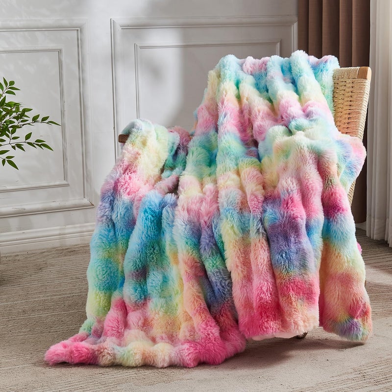 Lotus Karen Lotus Karen King Size Faux Fur Blanket Rainbow - Big Bubble Rabbit Fluff Blanket for Bed  Large Fluffy Fuzzy Cozy Blanket  Thick Furry Plush Shaggy Blankets  108x90 Inches  - Image 4