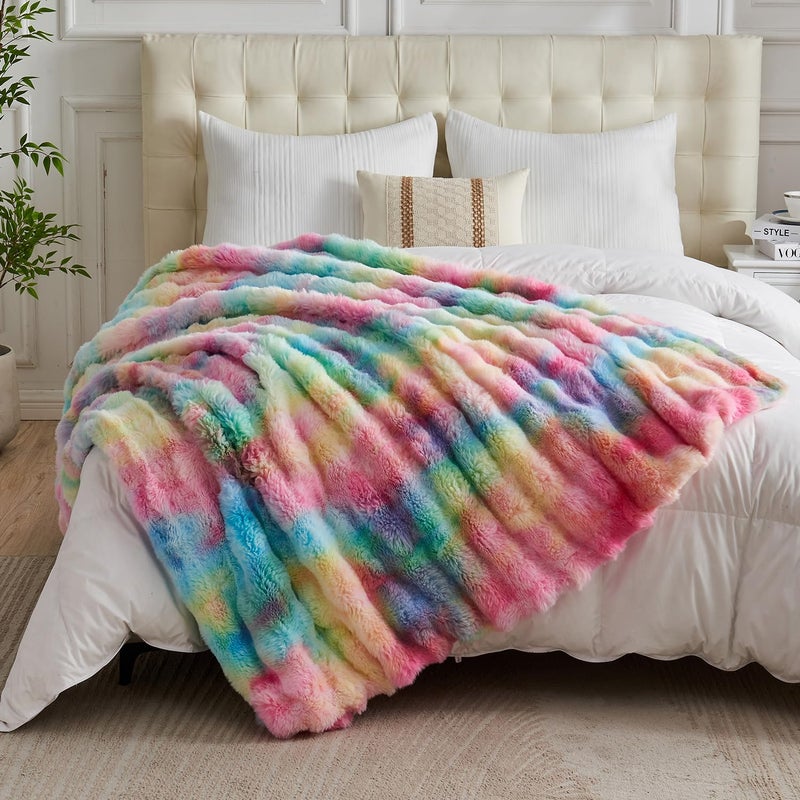 Lotus Karen Lotus Karen King Size Faux Fur Blanket Rainbow - Big Bubble Rabbit Fluff Blanket for Bed  Large Fluffy Fuzzy Cozy Blanket  Thick Furry Plush Shaggy Blankets  108x90 Inches  - Image 5