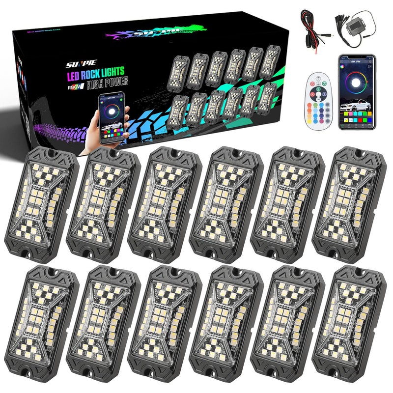 SUNPIE 12 Pods RGBW Rock Lights Full Beam Angle 30 High Power Chips Aluminium Housing Mounting Pads Included IP67 Waterproof Music Mode Underglow Lights Fits Trucks SUV ATV UTV Boats