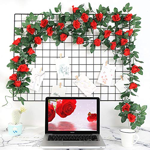 ZWYOQI 16 FT Fake Rose Vine Garland Artificial Flowers Plants Hanging Rose Ivy Home Hotel Office Wedding Party Garden Décor (Red/2PCS) - Image 3