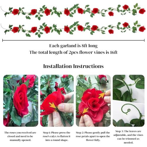 ZWYOQI 16 FT Fake Rose Vine Garland Artificial Flowers Plants Hanging Rose Ivy Home Hotel Office Wedding Party Garden Décor (Red/2PCS) - Image 2