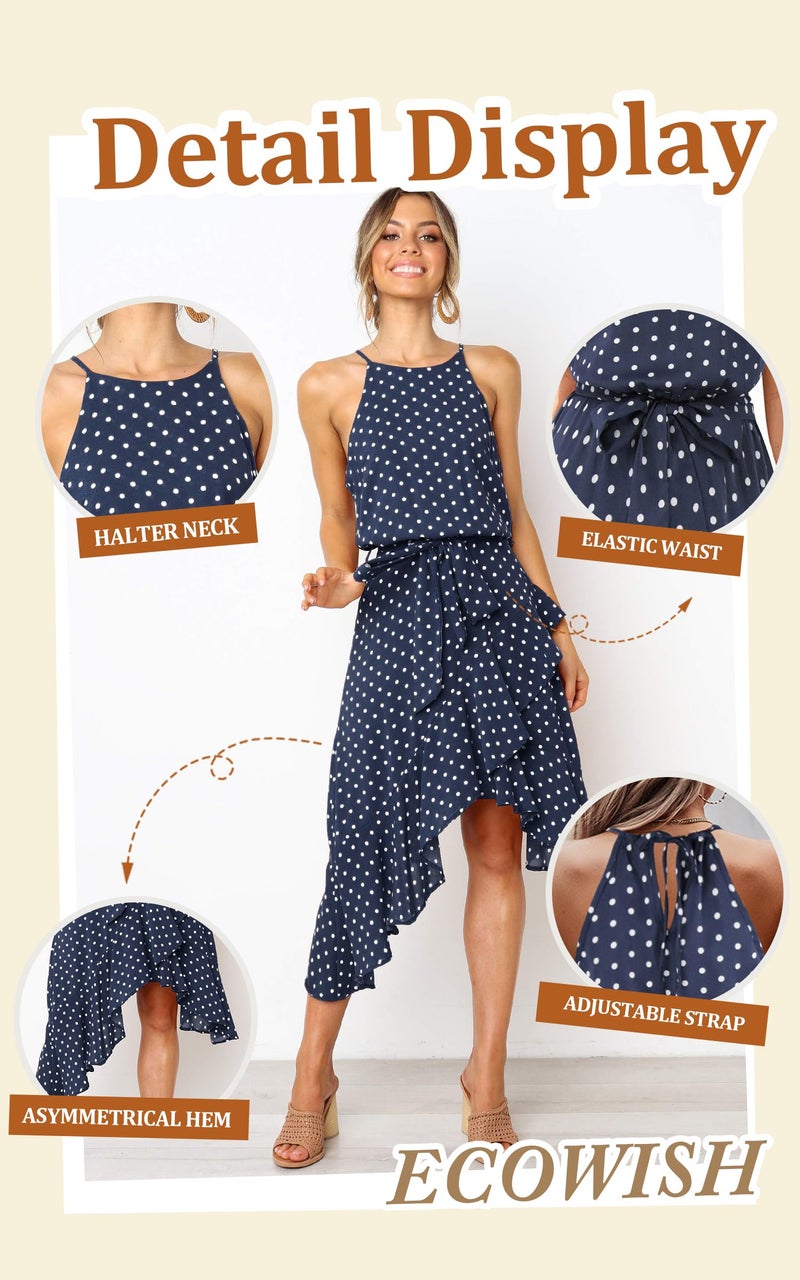 ECOWISH Polka Dot Women Summer Dress Midi A Line Ruffle High Low Sleeveless Boho Floral Halterneck Cocktail Tie Knot Sundress Blue Medium - Image 4