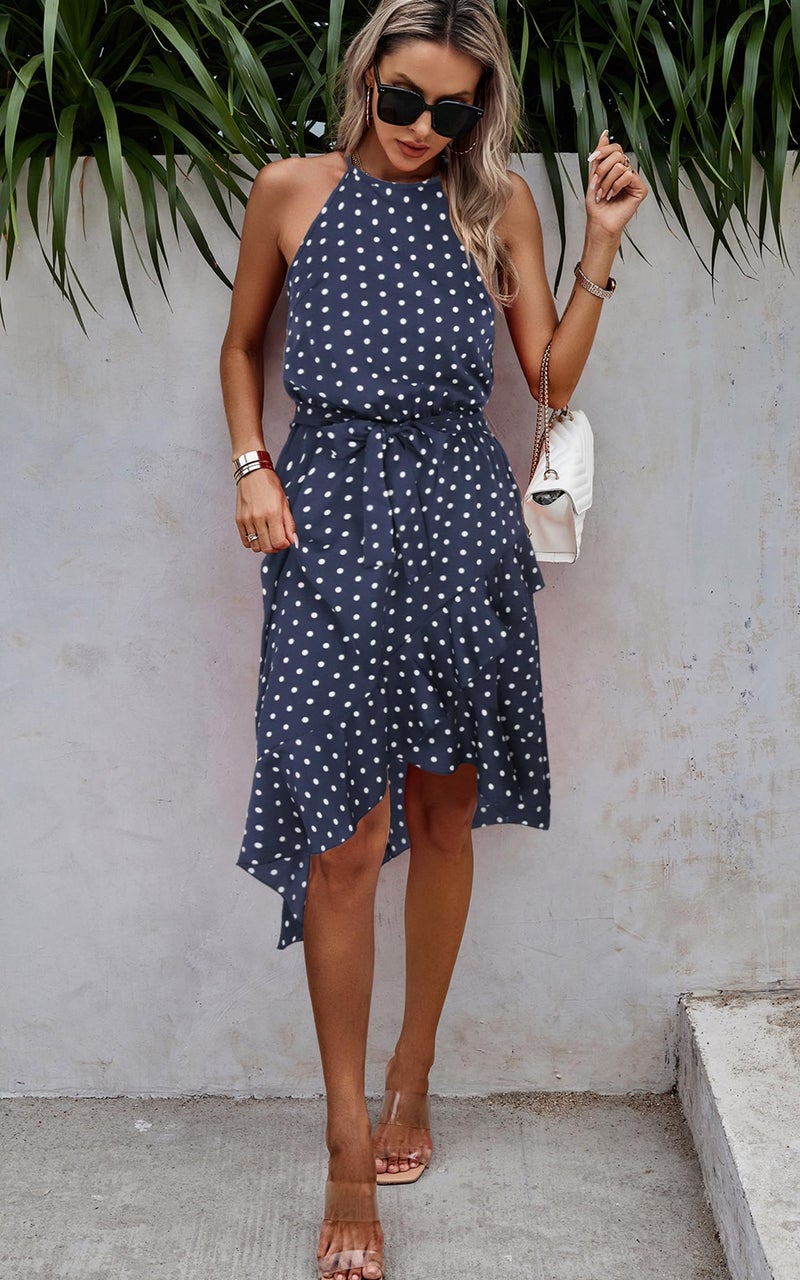 ECOWISH Polka Dot Women Summer Dress Midi A Line Ruffle High Low Sleeveless Boho Floral Halterneck Cocktail Tie Knot Sundress Blue Medium - Image 5