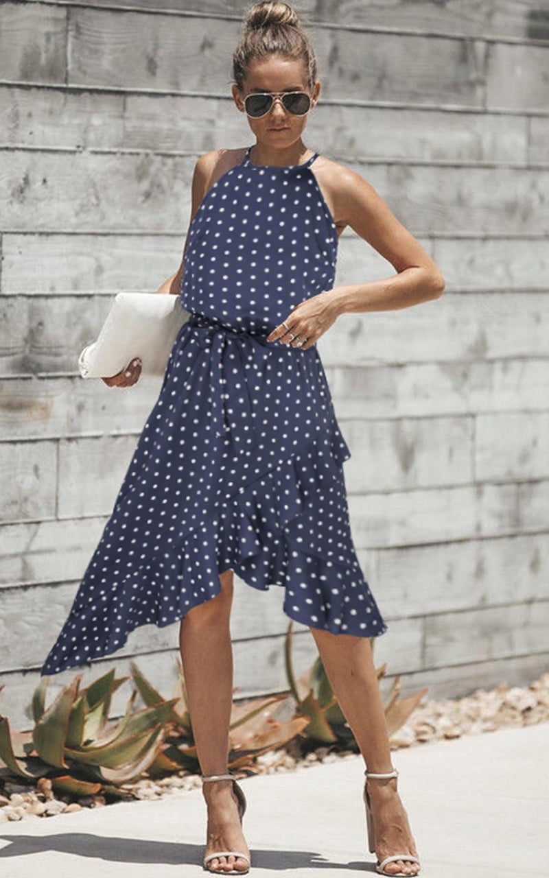 ECOWISH Polka Dot Women Summer Dress Midi A Line Ruffle High Low Sleeveless Boho Floral Halterneck Cocktail Tie Knot Sundress Blue Medium - Image 3