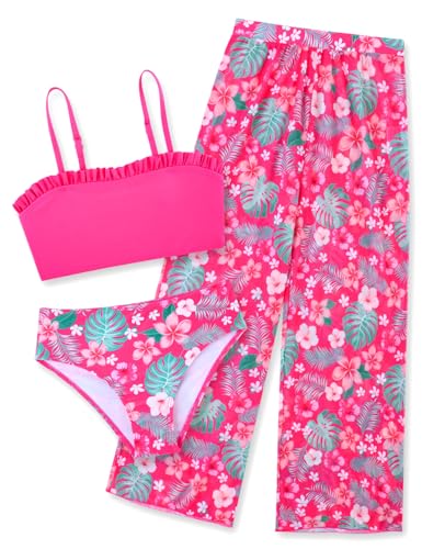 Vogseek Size 8-10 Girls Red Flower Hawaiian Bathing Suits for Kids 3D Printed Blush Floral Tankini Swimsuits 9 Years Little Child Hot Pink Ruffle Stape Tops Unique Bikini Bottoms Quick Dry Mesh Swim Set - Image 1