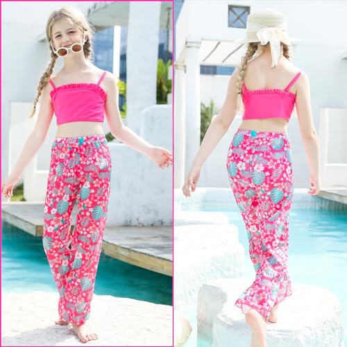 Vogseek Size 8-10 Girls Red Flower Hawaiian Bathing Suits for Kids 3D Printed Blush Floral Tankini Swimsuits 9 Years Little Child Hot Pink Ruffle Stape Tops Unique Bikini Bottoms Quick Dry Mesh Swim Set - Image 4
