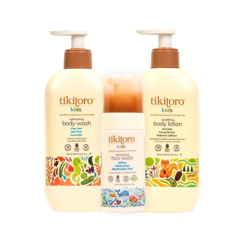 Tikitoro Kids Soft Skin Combo Pack Contains Refreshing Body Wash Soothing Body Lotion  Refreshing Face Wash 100 Vegan For All Skin Types Age 4 Years 300ml x 2  100ml x 1 - Image 1