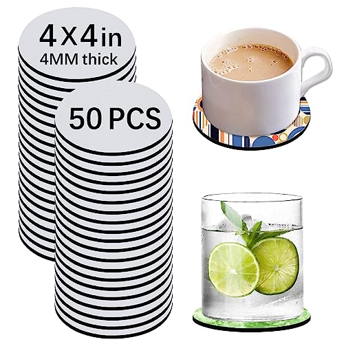 OKBA 50 PCS Sublimation Blank Cup Coasters Bulk, 4x4 Inch Round Blank Cup Mat Rubber for Sublimation Transfer Heat Press Printing DIY Crafts - Image 1