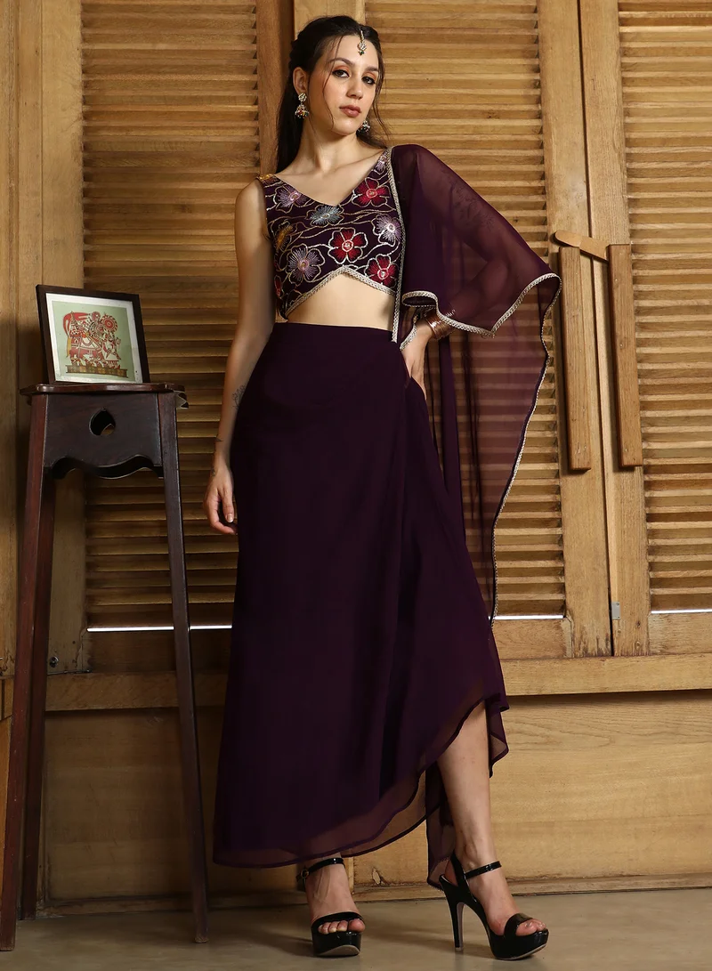 QISSA Qissa Women's Onyx Coffe Periwinkle Pre-Draped Saree For Casual Wear | V-Neck | Sleeveless | 2 Piece Pre-Draped Saree Designed With Comfort Fit For Everyday Ethnic Wear