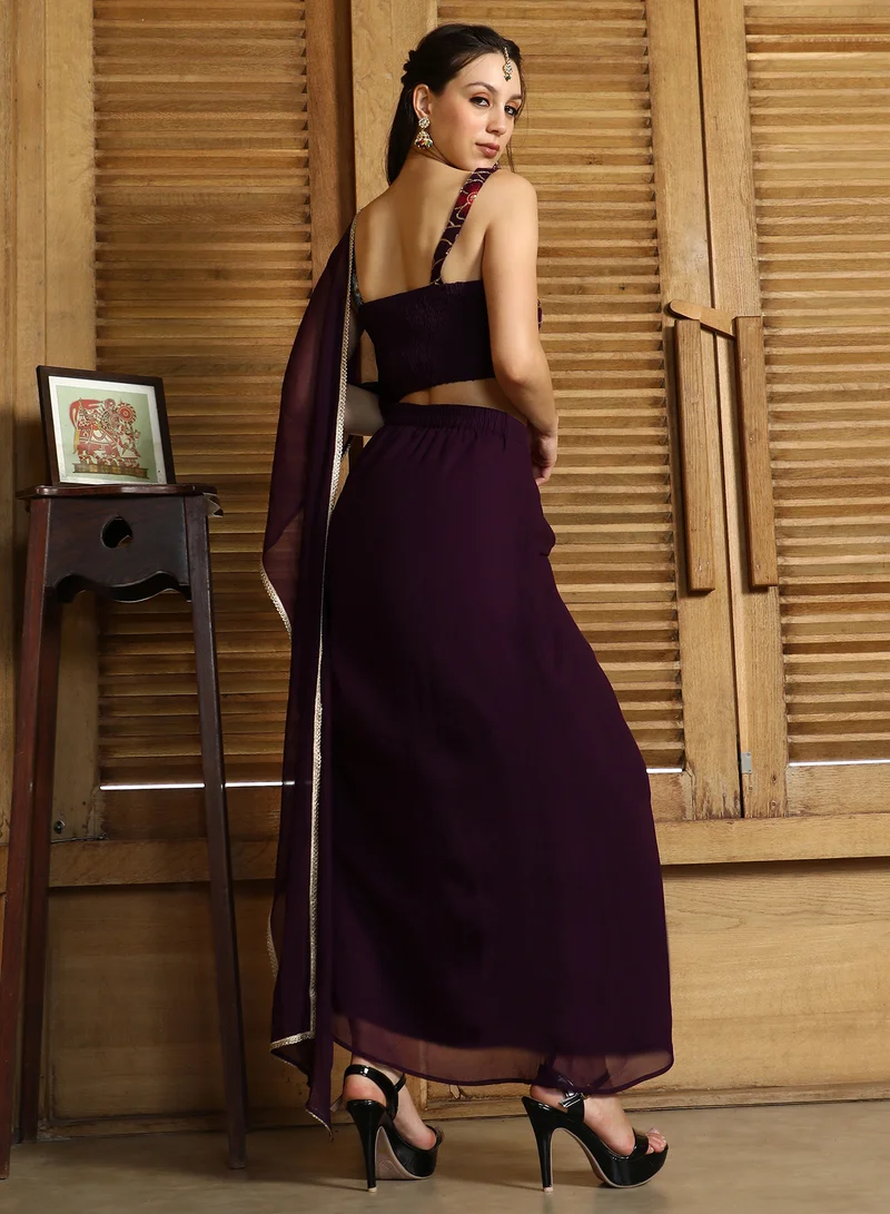 QISSA Qissa Women's Onyx Coffe Periwinkle Pre-Draped Saree For Casual Wear | V-Neck | Sleeveless | 2 Piece Pre-Draped Saree Designed With Comfort Fit For Everyday Ethnic Wear