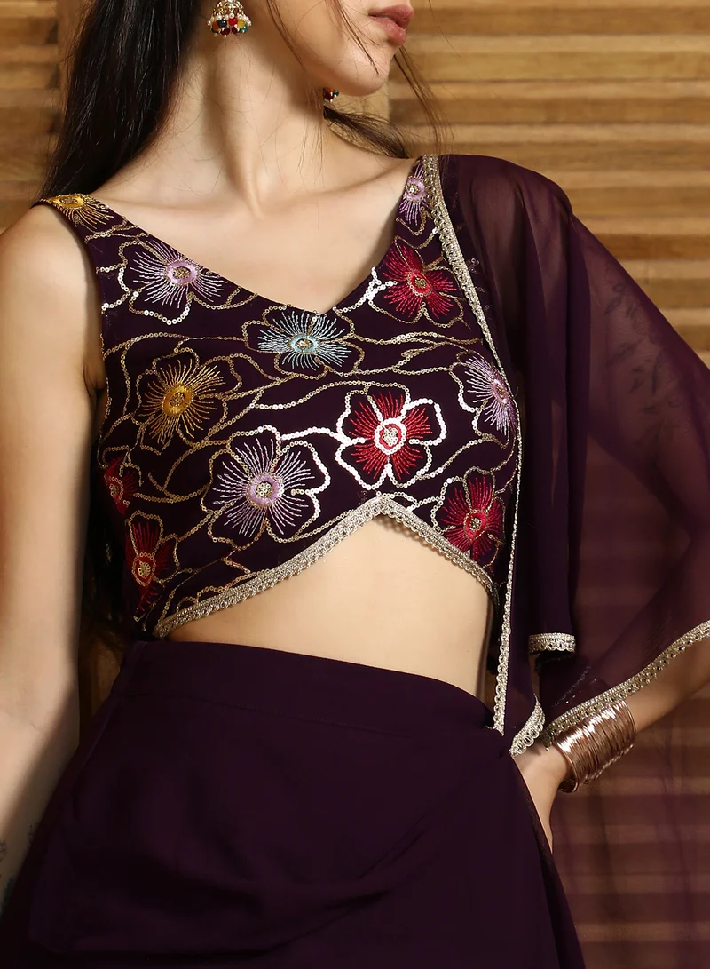 QISSA Qissa Women's Onyx Coffe Periwinkle Pre-Draped Saree For Casual Wear | V-Neck | Sleeveless | 2 Piece Pre-Draped Saree Designed With Comfort Fit For Everyday Ethnic Wear