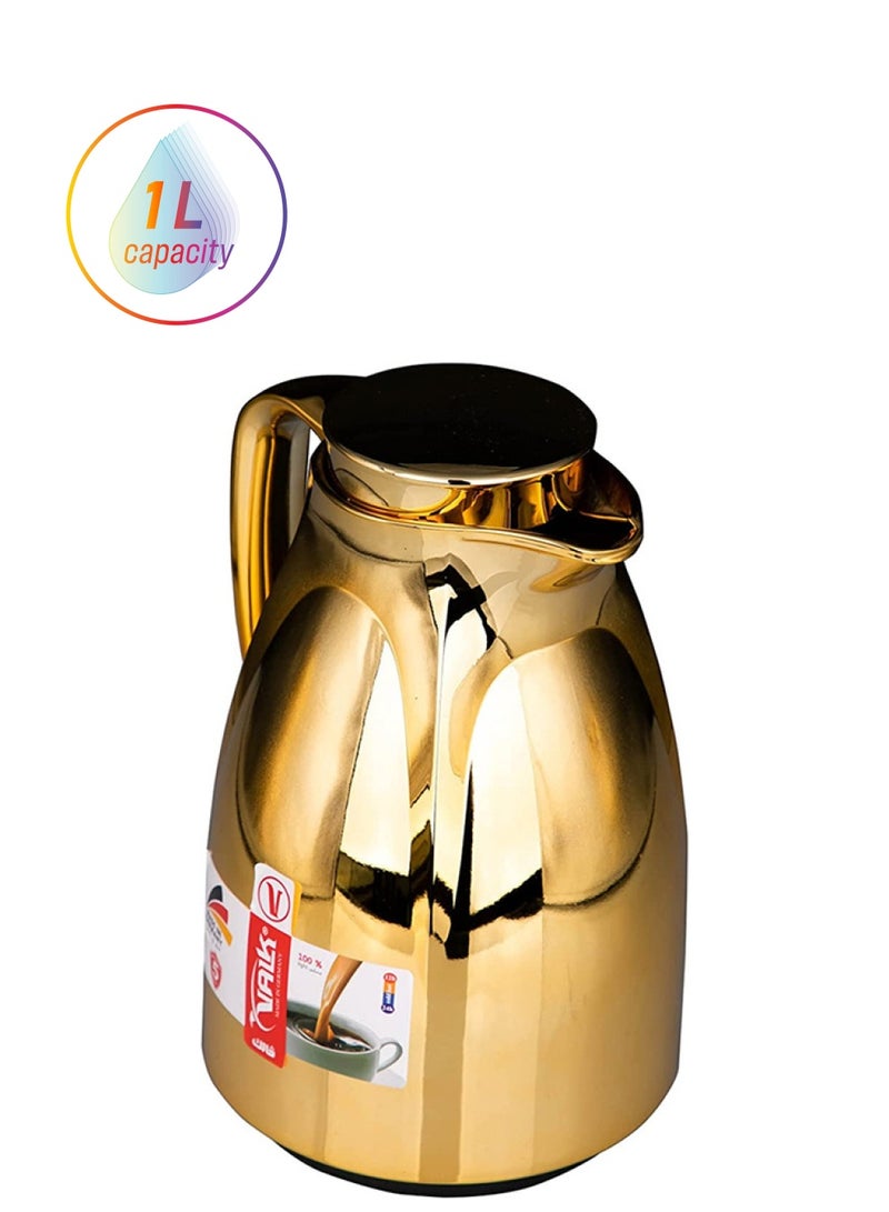 Valk Valk Vacuum Flask with Double Wall Glass (1 Liter) | Wide Mouth with Anti-Leakage Cap Double Walled Travel Mug | Liter Gold Color - Image 1