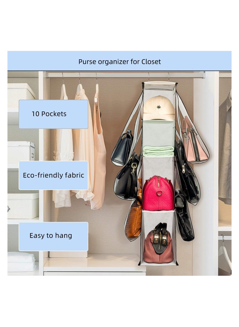 Excefore Hanging Purse Handbag Organizer, Closet Purse Handbag Organizer for Wardrobe Space Saving Closet Organizers System with 10 Compartments Handbag Holder (White)  - Image 2