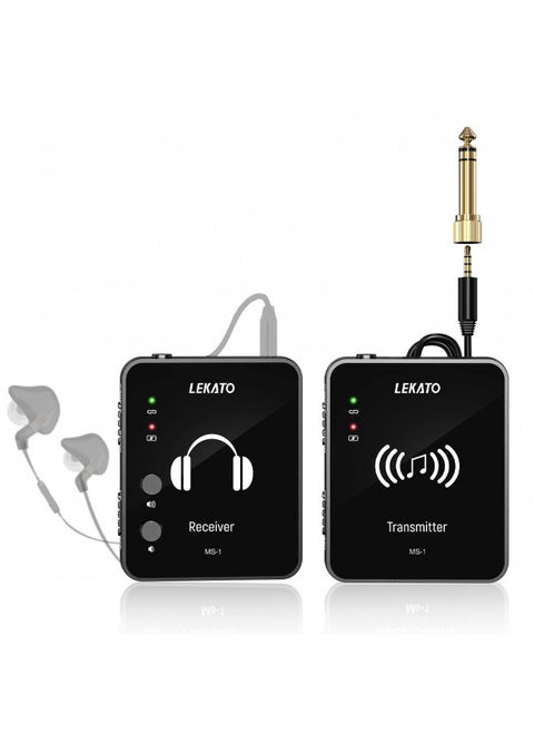LEKATO MS-1 Wireless in-Ear Monitor System 2.4G Stereo Wireless IEM System with Transmitter Beltpack Receiver Automatic Pairing, for Studio, Band Rehearsal, Live Performance(Black)