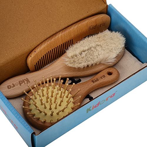 Kidora Premium Wooden 3 Piece Comb Set | Paddle Hair Brush | Wooden Baby Hair Comb | Natural Fiber Hair Brush for Toddler | Natural Soft Bristles | Perfect Baby Grooming Kit | Best Gift Ideas for New Born & Kids - Image 2