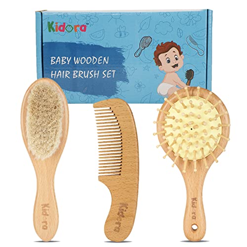 Kidora Premium Wooden 3 Piece Comb Set | Paddle Hair Brush | Wooden Baby Hair Comb | Natural Fiber Hair Brush for Toddler | Natural Soft Bristles | Perfect Baby Grooming Kit | Best Gift Ideas for New Born & Kids - Image 1