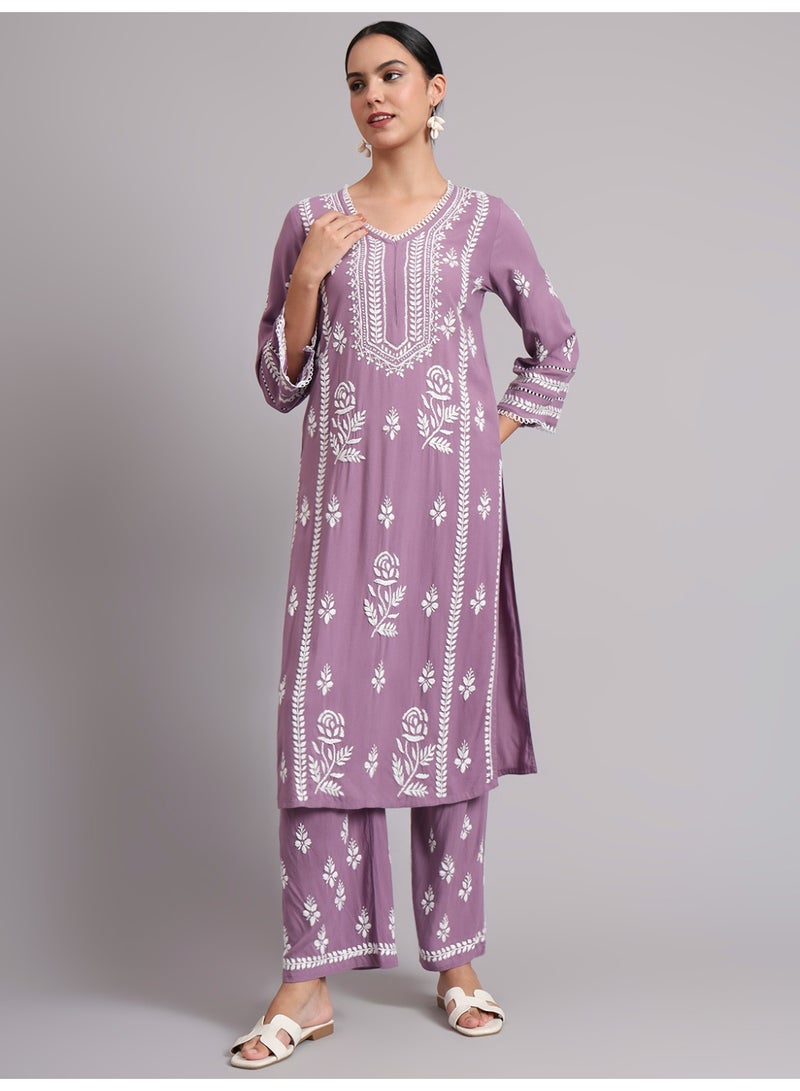 Alaya Women Hand Embroidered Lucknowi Chikankari Rayon Kurta Set-AL4078KS - Image 3