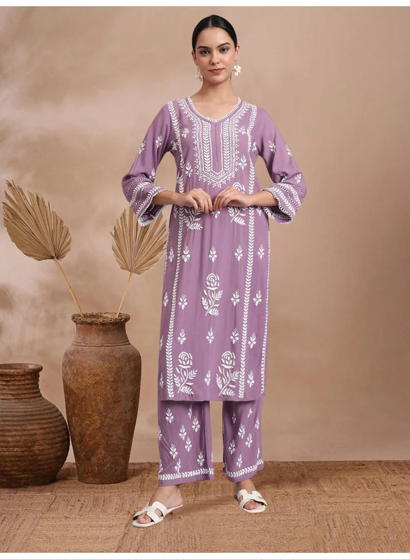 Women Hand Embroidered Lucknowi Chikankari Rayon Kurta Set-AL4078KS