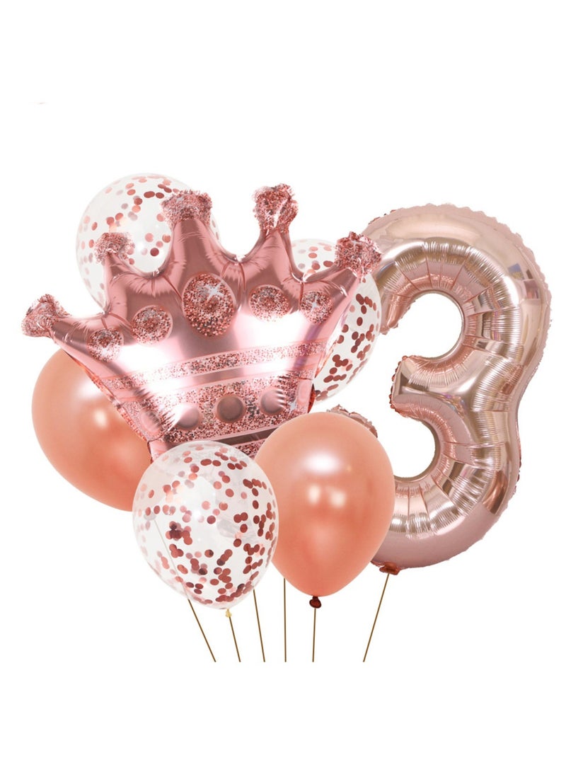 8-piece set for 3th birthday party anniversary decoration party supplies including rose gold number 3 balloons, rose gold crown foil balloon set, 12-inch sequin balloons, 12-inch rose gold balloons 