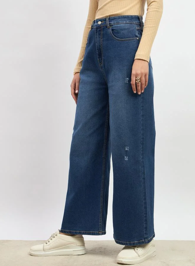 Styli Mid Rise Distressed Wide Leg Jeans