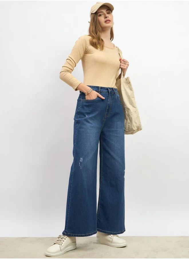 Styli Mid Rise Distressed Wide Leg Jeans