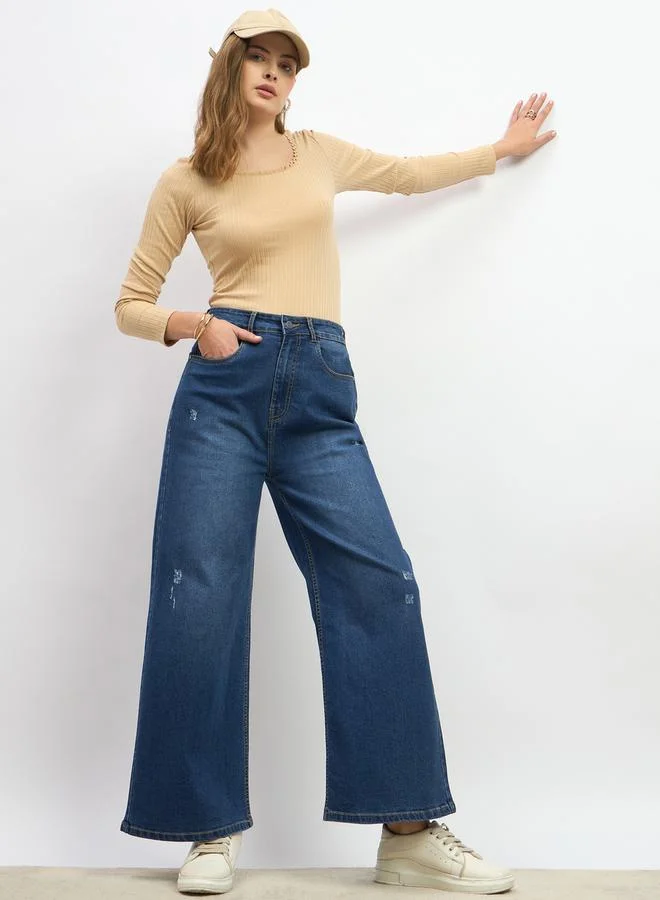 Styli Mid Rise Distressed Wide Leg Jeans