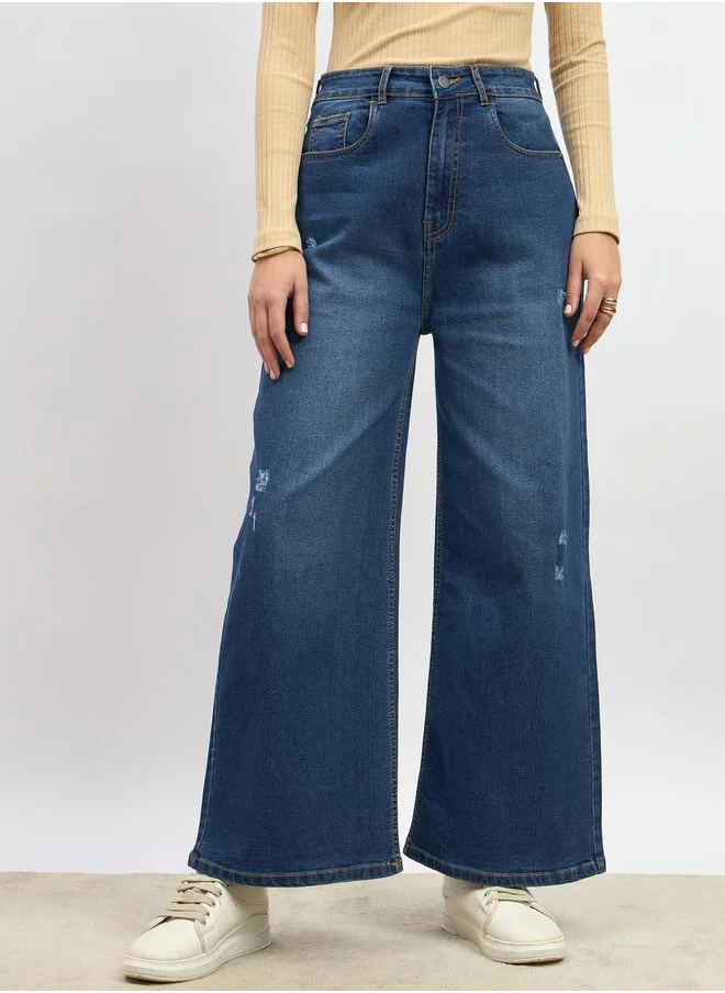 Styli Mid Rise Distressed Wide Leg Jeans