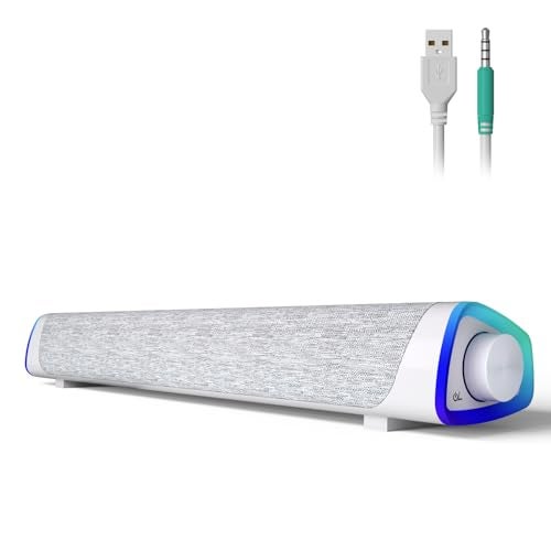 SOULION سماعات الكمبيوتر SOULION R30، تعمل بالطاقة من USB، سماعات صغيرة للكمبيوتر 3.5mm AUX، أضواء LED ملونة مع زر تشغيل، صوت محيطي، مكبر صوت محمول للكمبيوتر المكتبي واللابتوب باللون الأبيض - Image 1