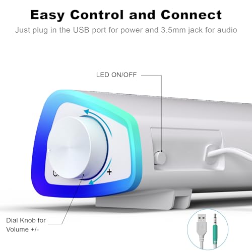 SOULION سماعات الكمبيوتر SOULION R30، تعمل بالطاقة من USB، سماعات صغيرة للكمبيوتر 3.5mm AUX، أضواء LED ملونة مع زر تشغيل، صوت محيطي، مكبر صوت محمول للكمبيوتر المكتبي واللابتوب باللون الأبيض - Image 3