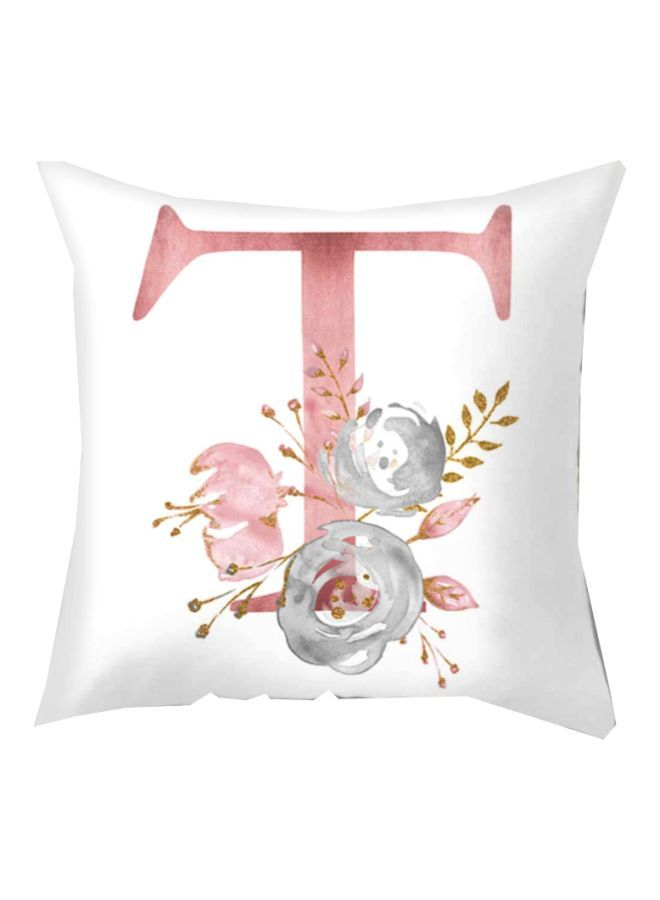 NIBEMINENT Letter T With Floral Printed Cushion Cover White/Pink/Blue 45x45cm