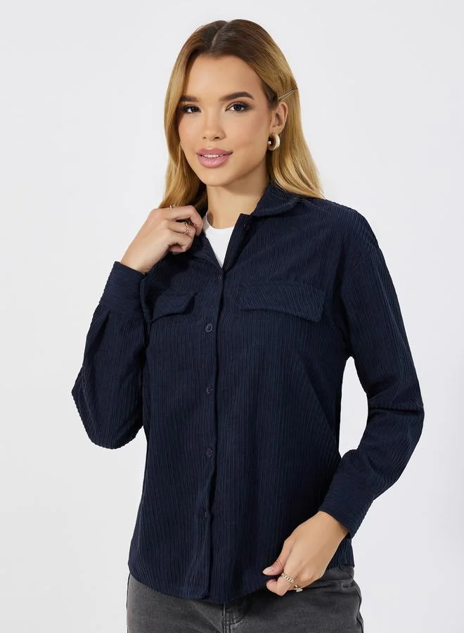 Styli Textured Chest Pocket Oversized Corduroy Shirt