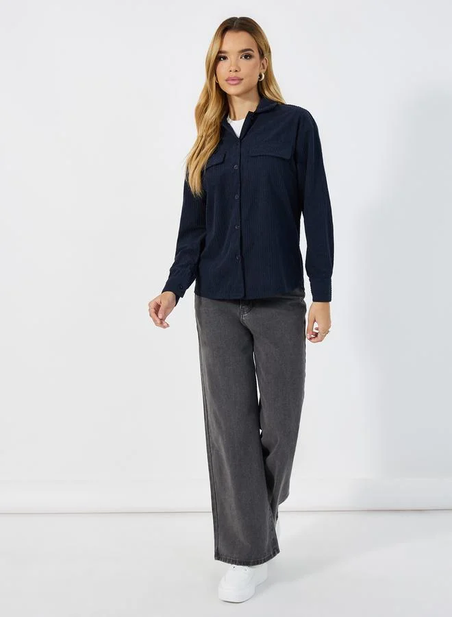 Styli Textured Chest Pocket Oversized Corduroy Shirt